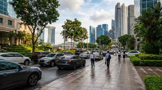 calle de Singapur con autos y personas caminando en zona financiera, ejemplo del alto costo de vida en la ciudad más cara del mundo en 2026