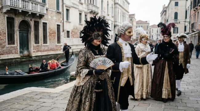 personas con disfraces tradicionales en el Carnaval de Venecia junto a un canal con góndolas