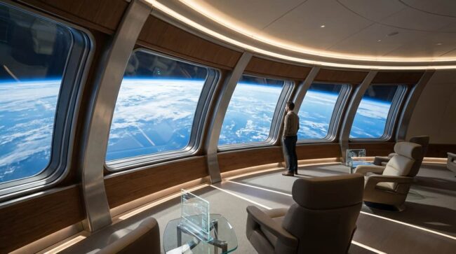 Interior de nave de turismo espacial con vista panorámica de la Tierra en una experiencia de lujo en 2026