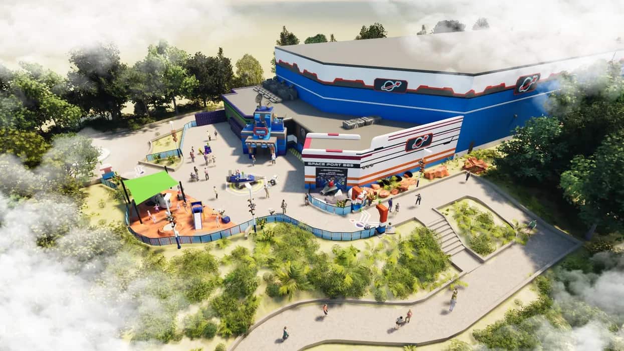 Área de la Galacticoaster en LEGOLAND Florida con zona temática espacial y acceso a la nueva montaña rusa