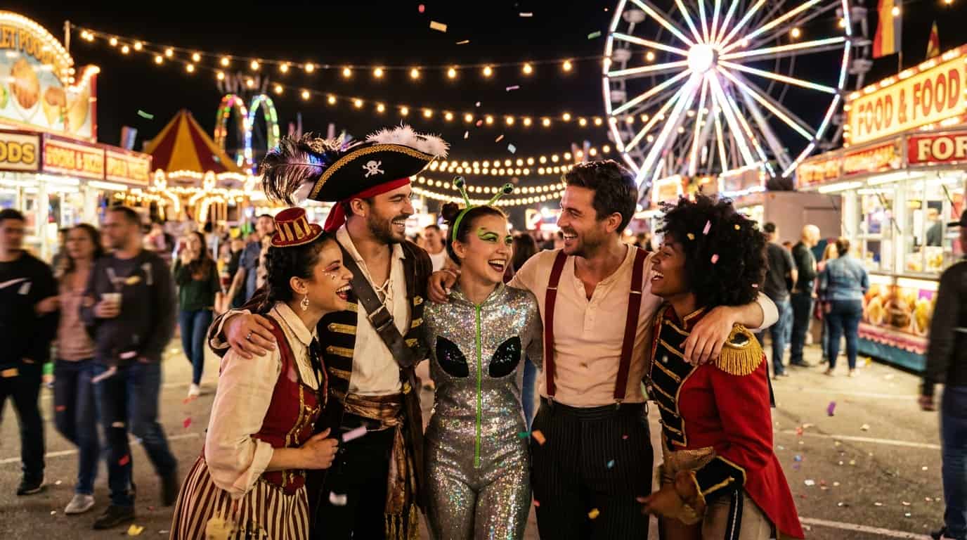 grupo de amigos disfrazados celebrando Carnaval en una feria con luces y juegos de fondo