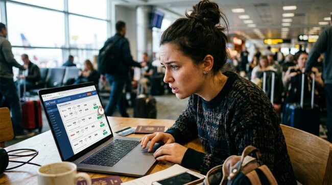 persona buscando ofertas de viajes en laptop durante el Hot Sale con precios de vuelos en pantalla