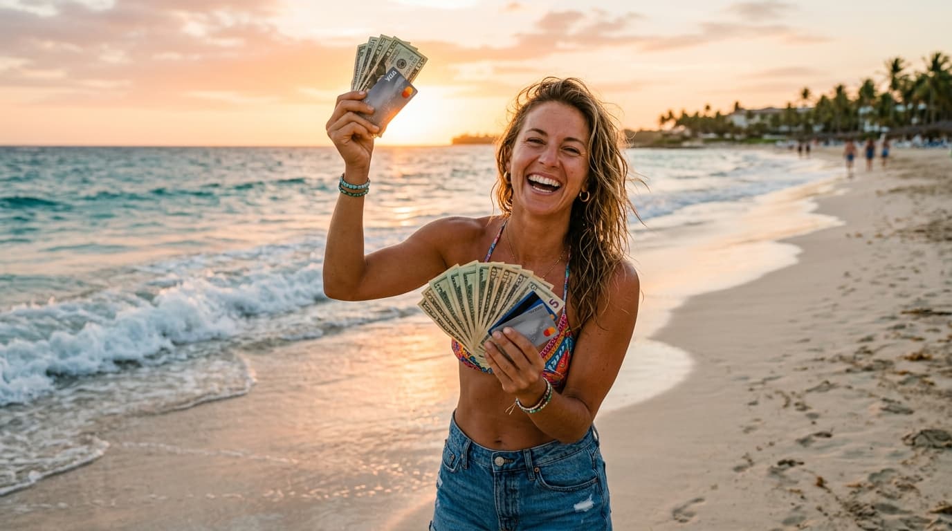 persona mostrando dinero en efectivo durante vacaciones en la playa