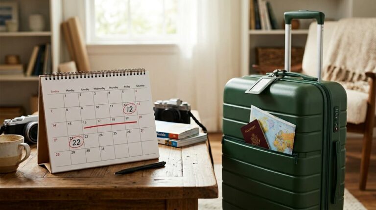calendario con fechas marcadas junto a una valija y pasaporte, representación de feriados y días libres para viajar en 2026