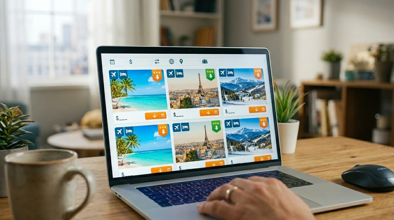 persona comparando ofertas de viajes en laptop durante el Hot Sale con destinos y precios
