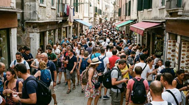 calle llena de turistas en una ciudad europea durante temporada alta de viajes por feriados