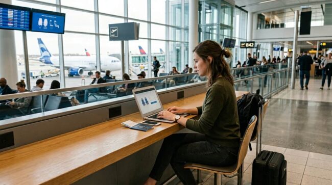 buscar vuelos estudiantes 2026 ofertas aerolineas estudiante buscando vuelos baratos en laptop dentro de un aeropuerto