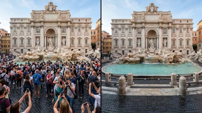 comparación de una plaza turística llena de gente y la misma vacía, mostrando el impacto de los feriados en el turismo