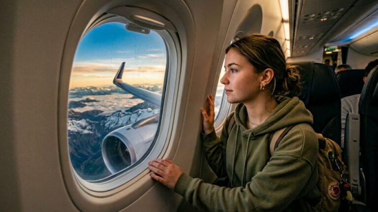 estudiante mirando por la ventana de un avi&oacute;n durante un viaje