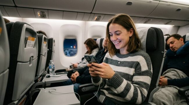 Pasajera usa su tel&eacute;fono conectada a internet durante un vuelo internacional hacia Europa.