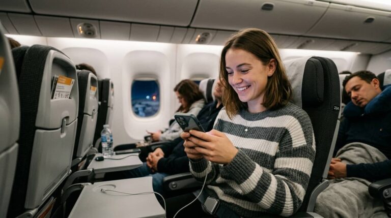 Pasajera usa su tel&eacute;fono conectada a internet durante un vuelo internacional hacia Europa.
