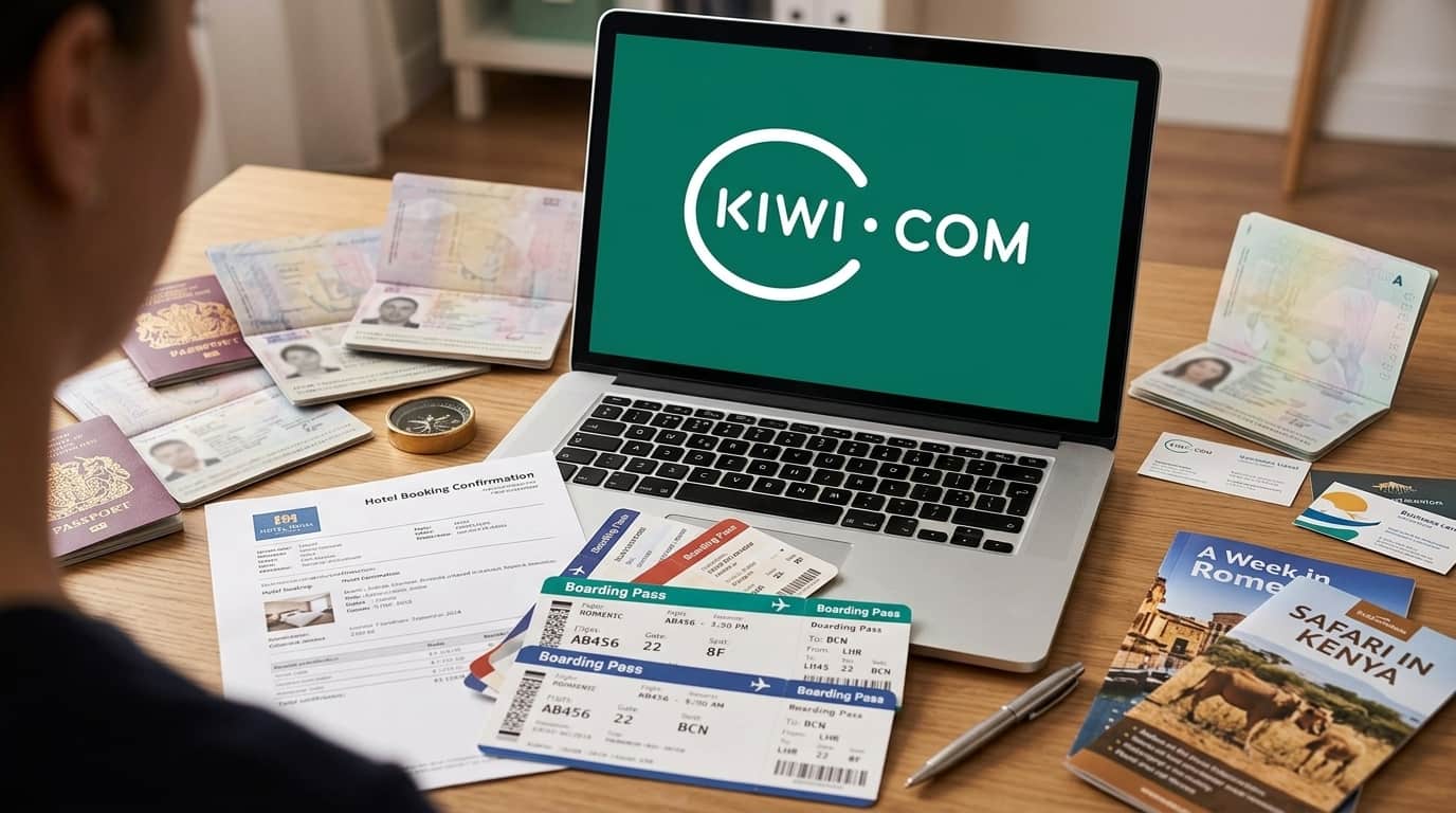 Laptop con la página de Kiwi.com abierta junto a pasaportes y tarjetas de embarque, usada para buscar vuelos online.