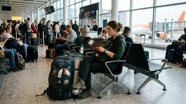 Viajera espera en la sala de embarque de un aeropuerto con mochila y pasaporte antes de tomar un vuelo reservado online.