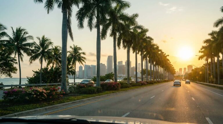 llegada a miami en auto carretera con palmeras skyline florida