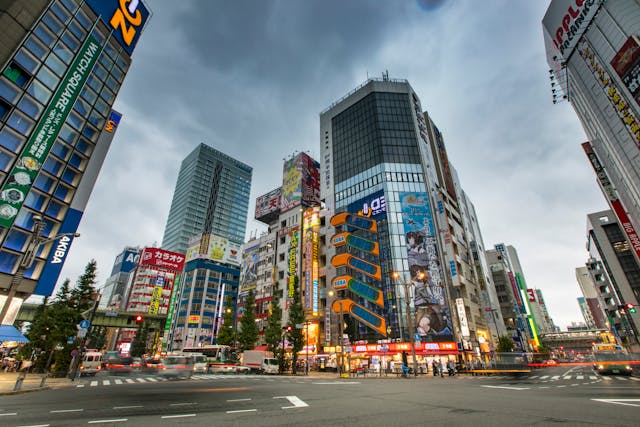 Avenida urbana de Tokio con edificios comerciales y luces de Akihabara, imagen sobre qué época conviene para viajar a Japón.