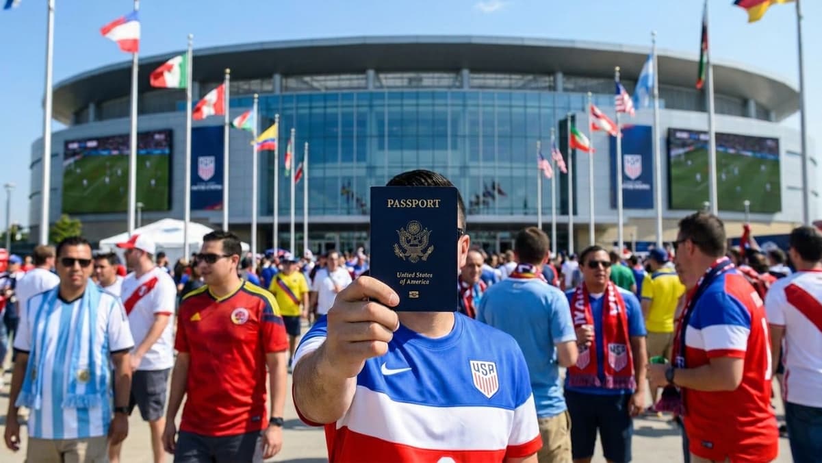 Aficionado frente a estadio mostrando pasaporte para viajar al Mundial 2026 en Estados Unidos
