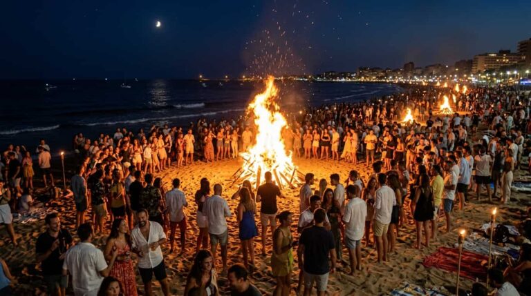 hogueras de la noche de san juan en la playa con gente celebrando