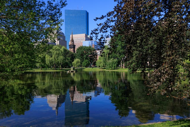 Vista de Boston Common y skyline de Boston con lago y árboles, imagen del destino final del trayecto desde Nueva York.