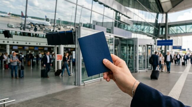 Persona sosteniendo un pasaporte en un aeropuerto antes de viajar al exterior.