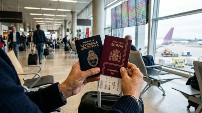 Persona sostiene pasaporte argentino y pasaporte español en aeropuerto antes de viajar a Estados Unidos.