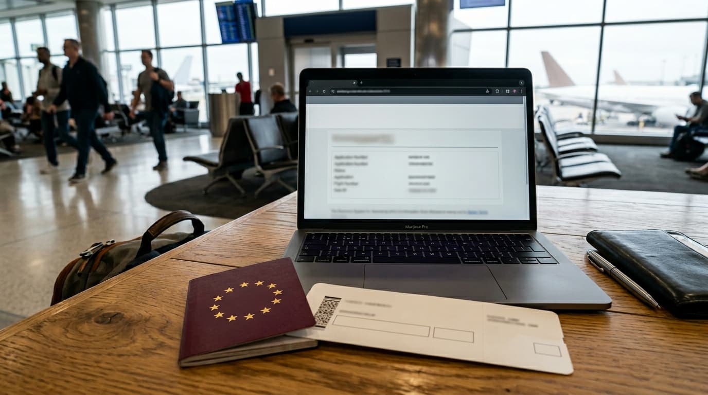 Pasaporte europeo junto a laptop con formulario online de ESTA en un aeropuerto para viajar a Estados Unidos.