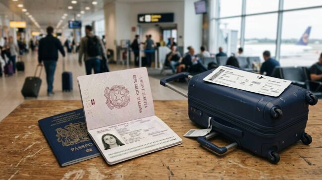Pasaporte italiano y equipaje en aeropuerto antes de viajar a Estados Unidos con autorización ESTA.