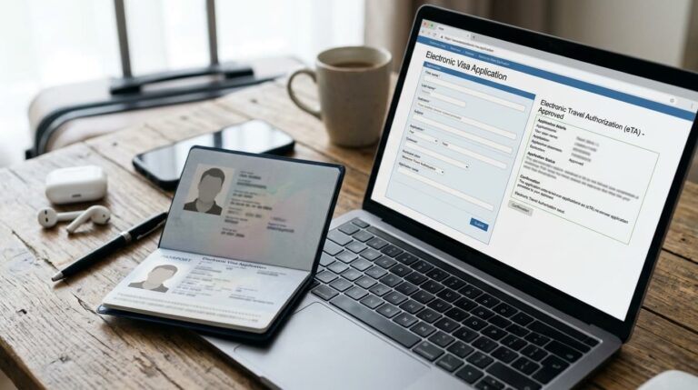 Pasaporte junto a laptop con formulario de visa electr&oacute;nica y aprobaci&oacute;n de autorizaci&oacute;n de viaje (ETA/ESTA).