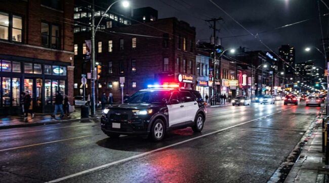 Patrulla policial circulando de noche por una calle urbana en Estados Unidos con luces encendidas.