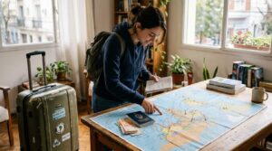 persona planificando viaje con mapa y pasaporte desde argentina