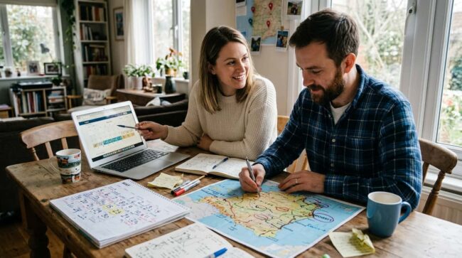 Pareja planificando un viaje en casa mientras compara fechas de vuelos en una laptop y revisa un mapa.