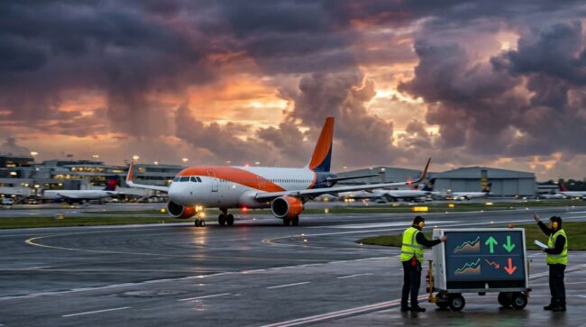 Avión en pista de aeropuerto mientras personal observa variaciones de tarifas y operaciones aéreas al atardecer.