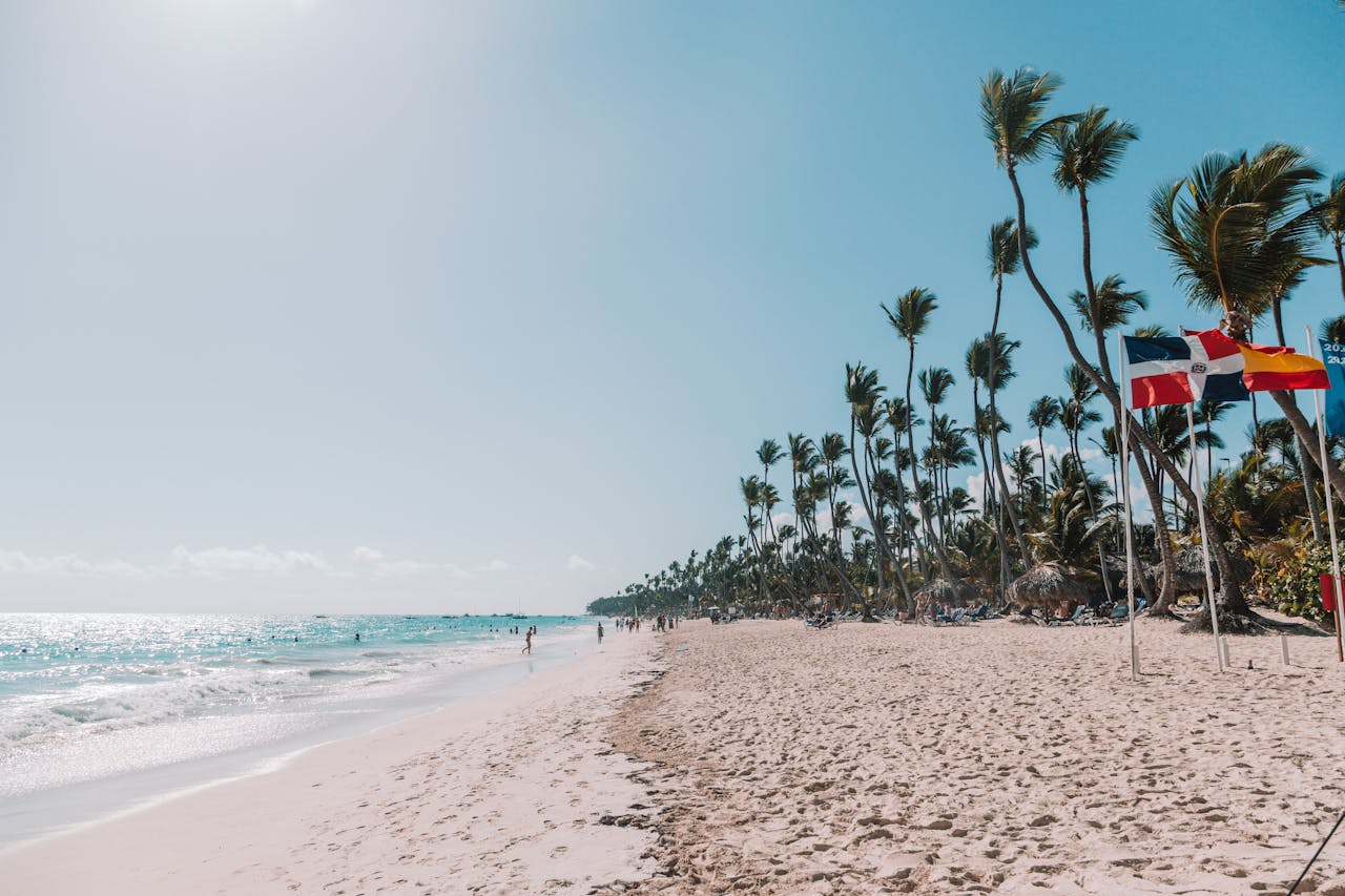Playa de Punta Cana con arena blanca, palmeras y mar turquesa durante un día soleado.