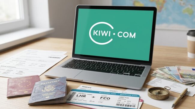 Computadora portátil con Kiwi.com abierta sobre escritorio con pasaportes y pase de abordar para reservar vuelos online.