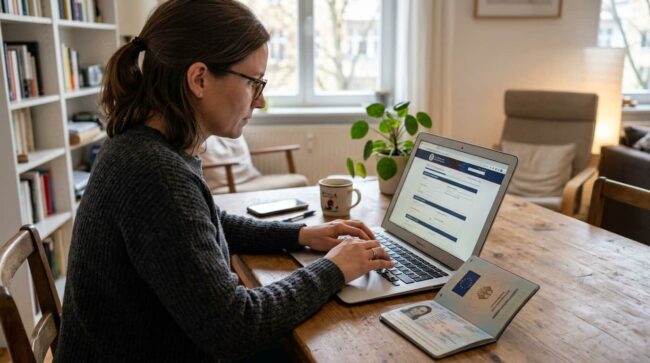 Mujer completa online la solicitud ESTA en laptop con pasaporte europeo sobre la mesa para viajar a Estados Unidos.