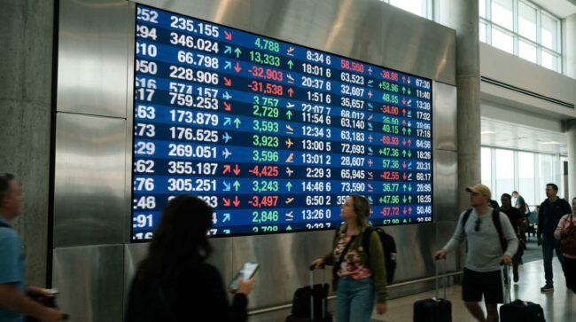 Pantalla en aeropuerto con subas y bajas de precios que representa la variación constante de tarifas aéreas.