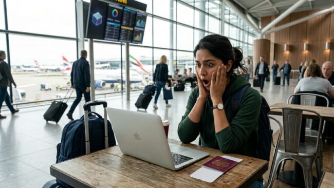 Viajera sorprendida frente a una laptop en un aeropuerto al revisar el precio o estado de un vuelo ya comprado.