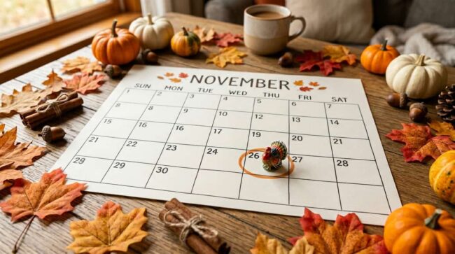 Calendario de noviembre con el 26 marcado para Thanksgiving, rodeado de hojas otoñales y calabazas.