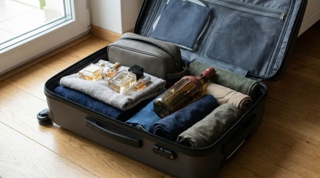 Valija abierta con ropa, perfumes y una botella de vino acomodados en el equipaje, imagen sobre qué se puede llevar en vuelos desde Ezeiza.