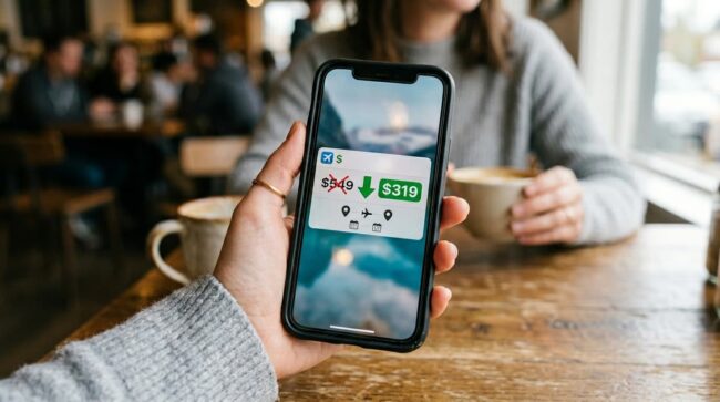 Celular mostrando baja de precio en vuelos a Estados Unidos para viajar más barato en 2026