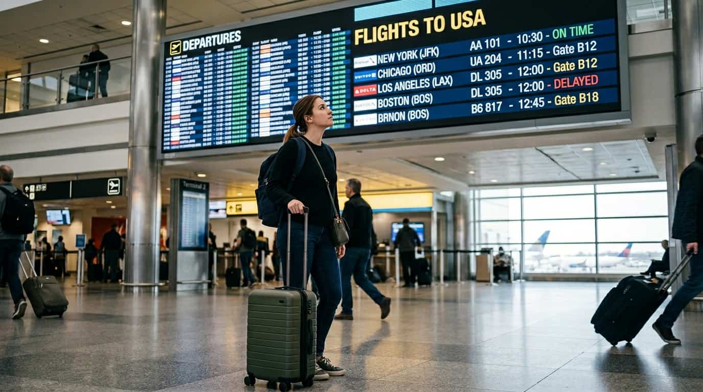 Viajera en aeropuerto revisando vuelos a Estados Unidos y fechas más baratas para viajar en 2026