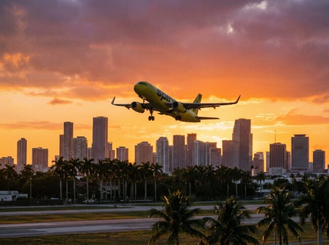 vuelo a miami desde argentina barato 2026 avion aterrizando en miami al atardecer skyline de fondo