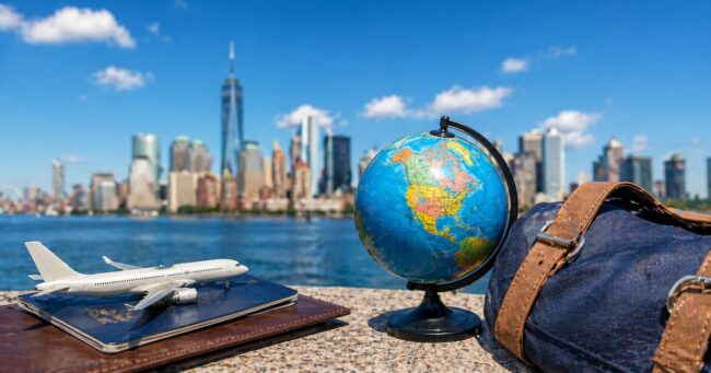 Pasaporte con avi&oacute;n y globo terr&aacute;queo frente a skyline de ciudad en Estados Unidos