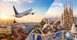 Avi&oacute;n comercial sobrevolando Madrid y Barcelona con vista panor&aacute;mica de Espa&ntilde;a, imagen sobre vuelos baratos desde M&eacute;xico a Europa.