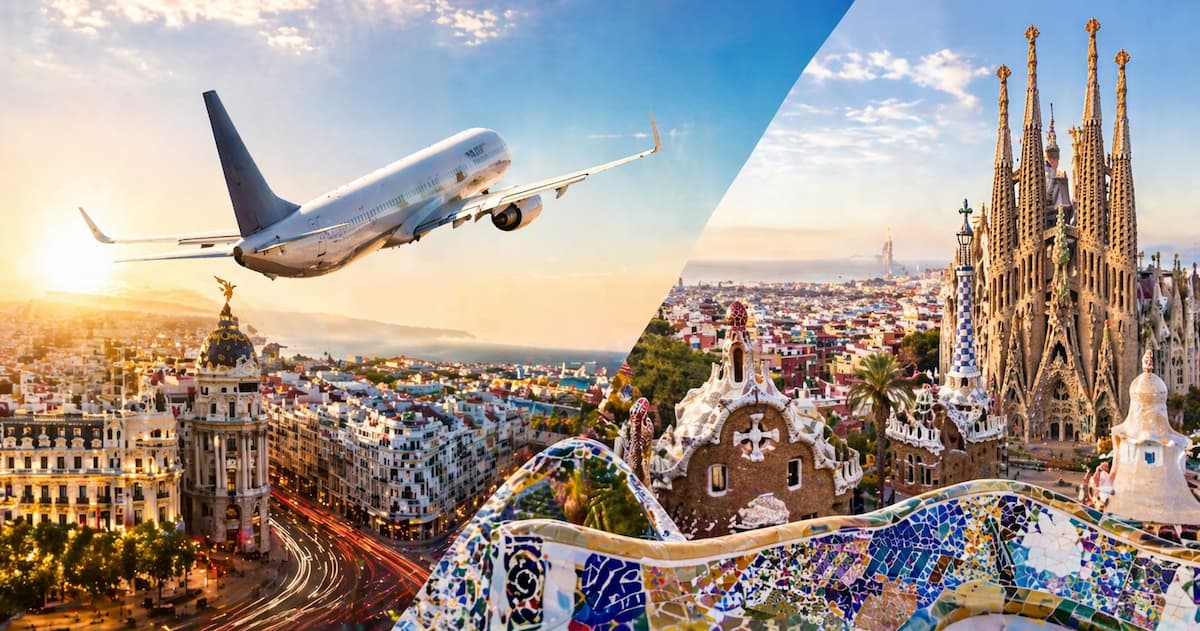 Avión comercial sobrevolando Madrid y Barcelona con vista panorámica de España, imagen sobre vuelos baratos desde México a Europa.