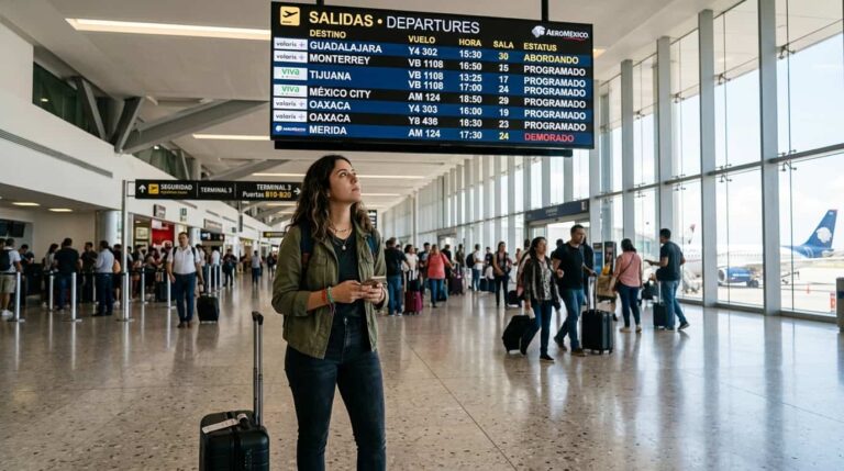 Pasajera consulta el panel de salidas en un aeropuerto de M&eacute;xico antes de tomar un vuelo low cost nacional.