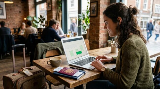 Mujer comparando precios de vuelos en una computadora portátil cambiando fechas de viaje desde una cafetería.