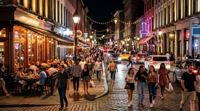 Calle concurrida de noche en una ciudad de Estados Unidos con bares, restaurantes y peatones.