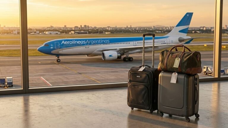 Equipaje de mano y valijas frente a avi&oacute;n de Aerol&iacute;neas Argentinas tras cambios en la tarifa base