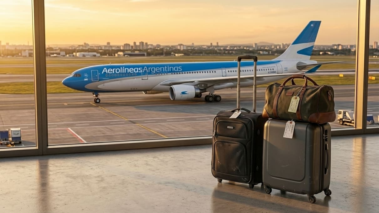 Equipaje de mano y valijas frente a avión de Aerolíneas Argentinas tras cambios en la tarifa base