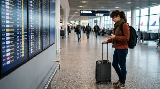 Pasajera con equipaje de mano en aeropuerto tras cambios en la tarifa base de Aerolíneas Argentinas